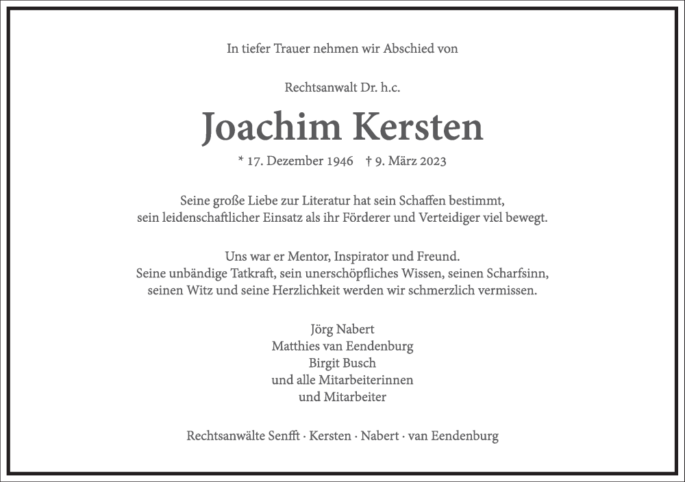  Traueranzeige für Joachim Kersten vom 18.03.2023 aus Frankfurter Allgemeine Zeitung