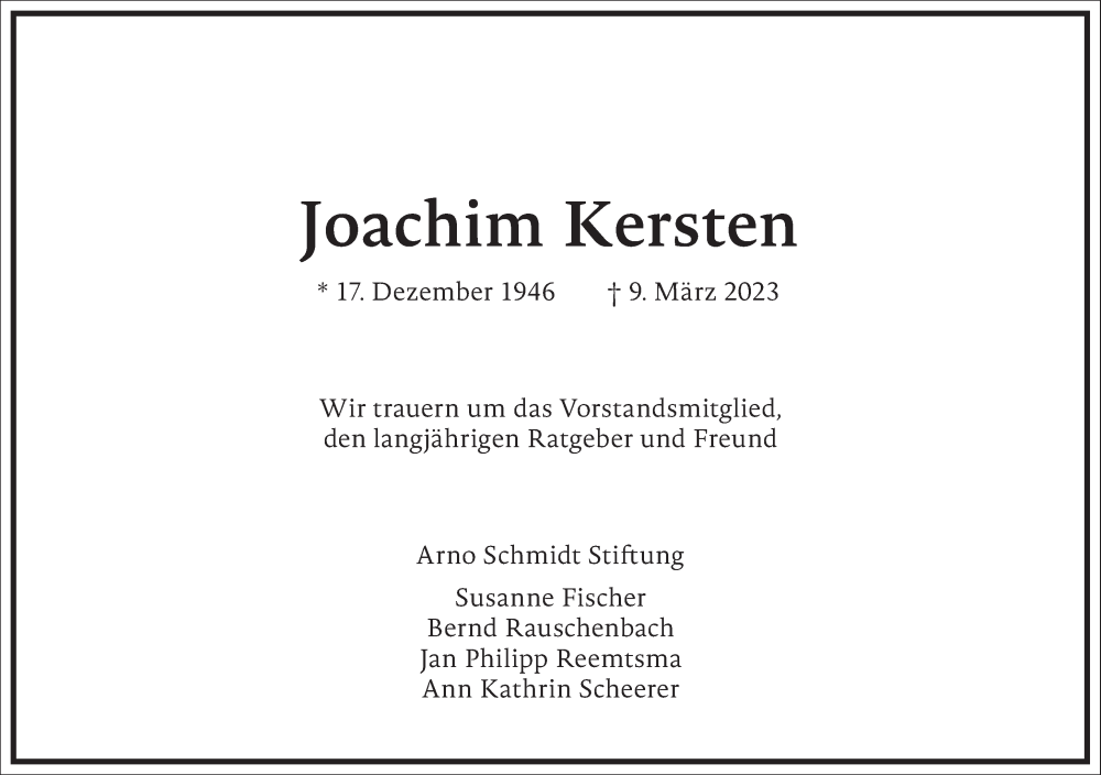  Traueranzeige für Joachim Kersten vom 15.03.2023 aus Frankfurter Allgemeine Zeitung