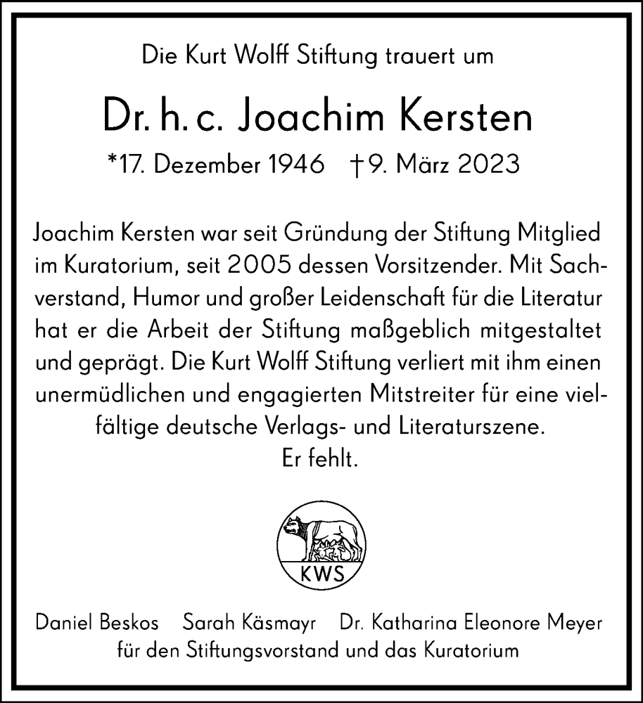  Traueranzeige für Joachim Kersten vom 18.03.2023 aus Frankfurter Allgemeine Zeitung