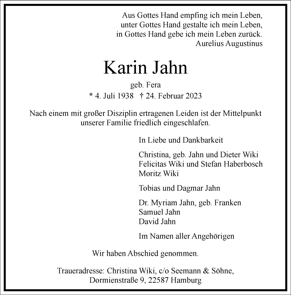  Traueranzeige für Karin Jahn vom 25.03.2023 aus Frankfurter Allgemeine Zeitung