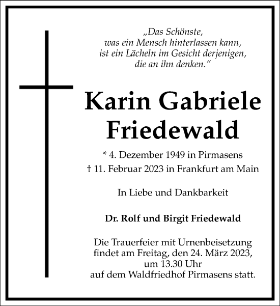 Traueranzeige von Karin Gabriele Friedewald von Frankfurter Allgemeine Zeitung