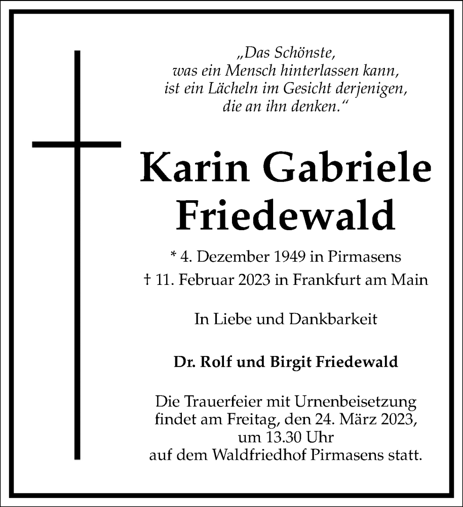  Traueranzeige für Karin Gabriele Friedewald vom 18.03.2023 aus Frankfurter Allgemeine Zeitung