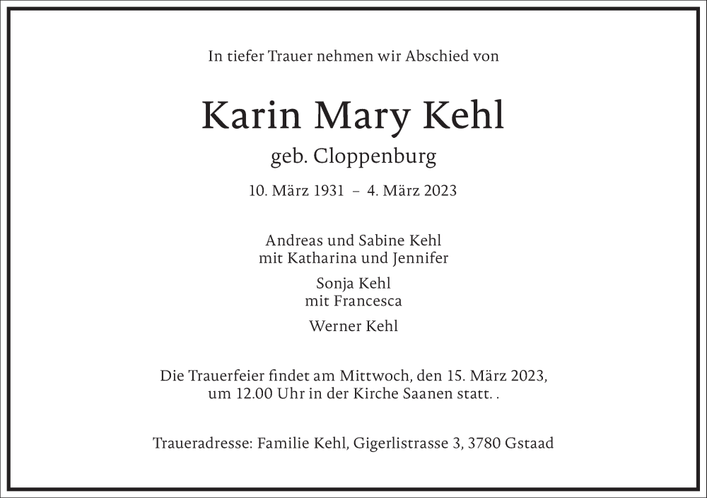  Traueranzeige für Karin Mary Kehl vom 11.03.2023 aus Frankfurter Allgemeine Zeitung