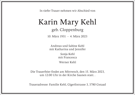 Traueranzeige von Karin Mary Kehl von Frankfurter Allgemeine Zeitung