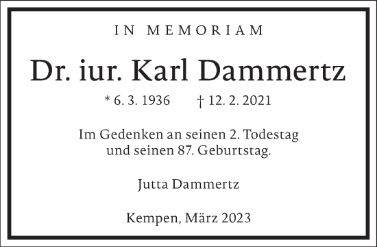 Traueranzeige von Karl Dammertz von Frankfurter Allgemeine Zeitung