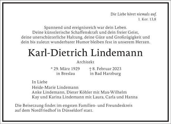 Traueranzeige von Karl-Dietrich Lindemann von Frankfurter Allgemeine Zeitung