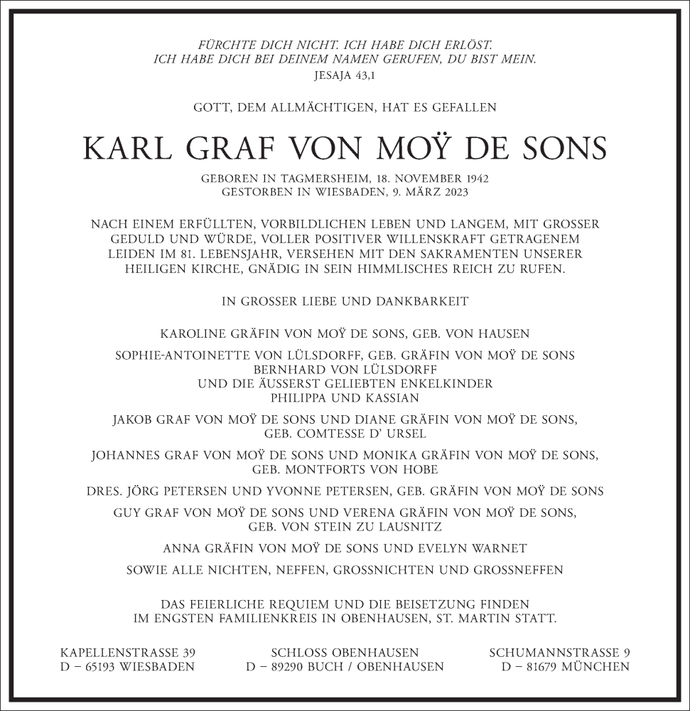  Traueranzeige für Karl Graf von Moy de Sons vom 11.03.2023 aus Frankfurter Allgemeine Zeitung
