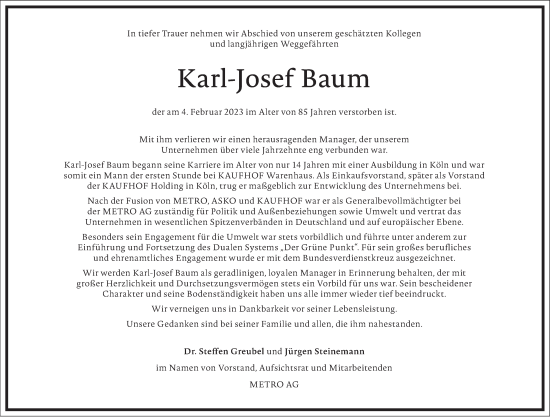 Traueranzeige von Karl-Josef Baum von Frankfurter Allgemeine Zeitung