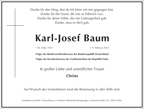 Traueranzeige von Karl-Josef Baum von Frankfurter Allgemeine Zeitung