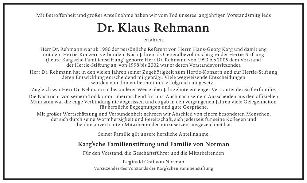  Traueranzeige für Klaus Rehmann vom 18.03.2023 aus Frankfurter Allgemeine Zeitung