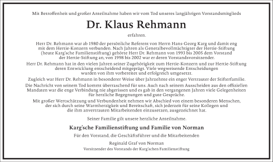 Traueranzeige von Klaus Rehmann von Frankfurter Allgemeine Zeitung