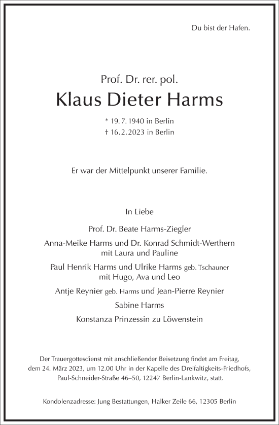 Traueranzeige von Klaus Dieter Harms von Frankfurter Allgemeine Zeitung