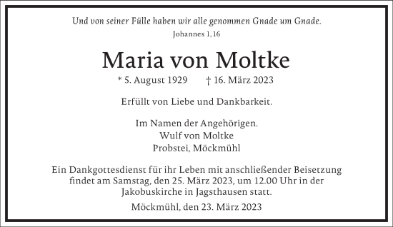 Traueranzeige von Maria von Moltke von Frankfurter Allgemeine Zeitung