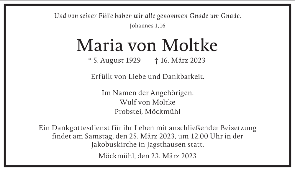  Traueranzeige für Maria von Moltke vom 23.03.2023 aus Frankfurter Allgemeine Zeitung