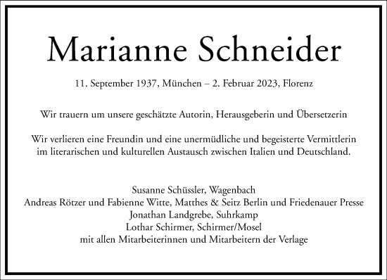 Traueranzeige von Marianne Schneider von Frankfurter Allgemeine Zeitung