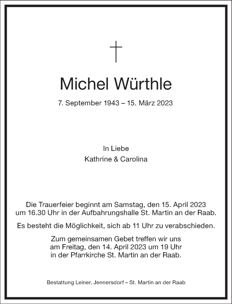  Traueranzeige für Michel Würthle vom 01.04.2023 aus Frankfurter Allgemeine Zeitung