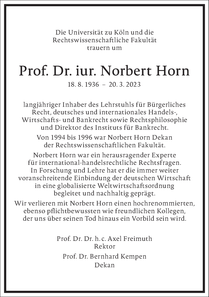  Traueranzeige für Norbert Horn vom 29.03.2023 aus Frankfurter Allgemeine Zeitung