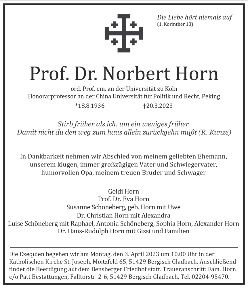 Traueranzeige für Norbert Horn vom 25.03.2023 aus Frankfurter Allgemeine Zeitung