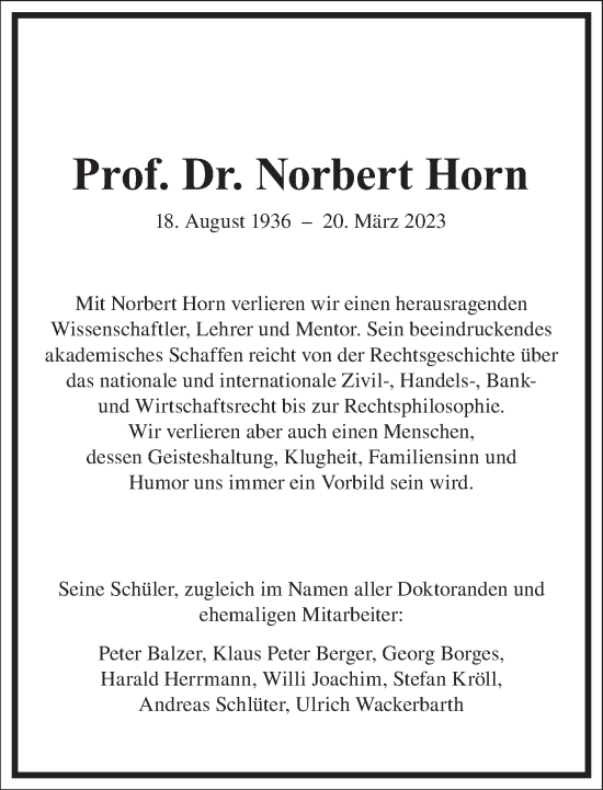 Traueranzeige von Norbert Horn von Frankfurter Allgemeine Zeitung