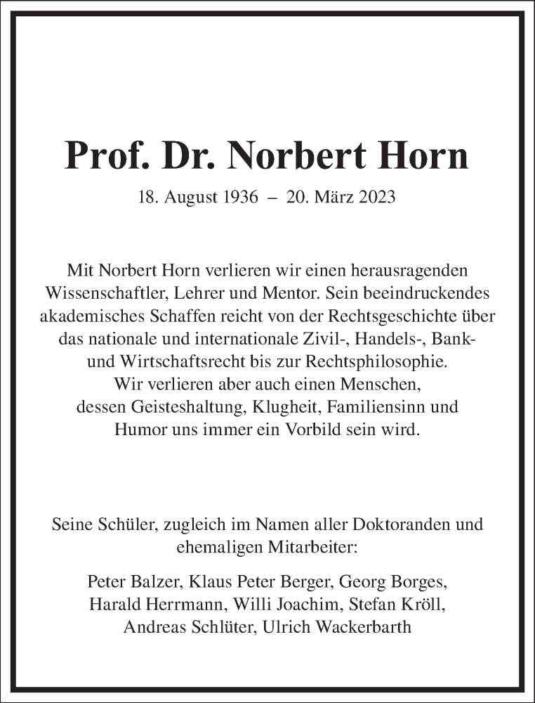  Traueranzeige für Norbert Horn vom 01.04.2023 aus Frankfurter Allgemeine Zeitung