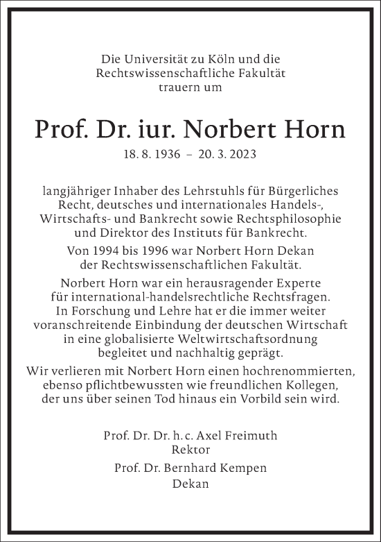 Traueranzeige von Norbert Horn von Frankfurter Allgemeine Zeitung