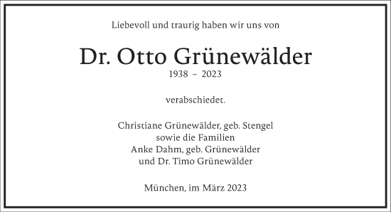 Traueranzeige von Otto Grünewälder von Frankfurter Allgemeine Zeitung