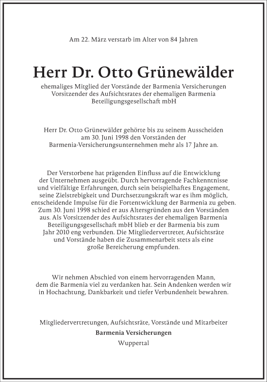 Traueranzeige von Otto Grünewälder von Frankfurter Allgemeine Zeitung