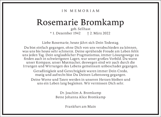 Traueranzeige von Rosemarie Bromkamp von Frankfurter Allgemeine Zeitung