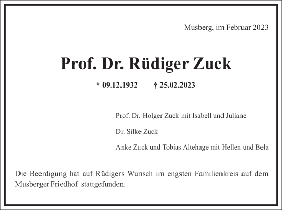 Traueranzeige von Rüdiger Zuck von Frankfurter Allgemeine Zeitung