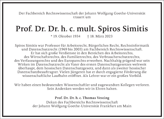 Traueranzeige von Spiros Simitis von Frankfurter Allgemeine Zeitung