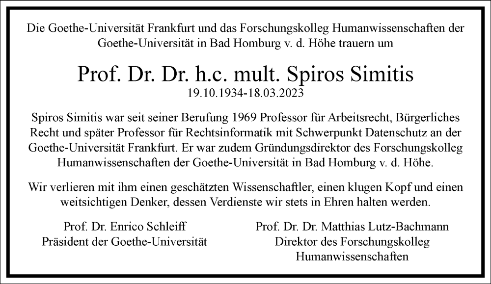  Traueranzeige für Spiros Simitis vom 25.03.2023 aus Frankfurter Allgemeine Zeitung
