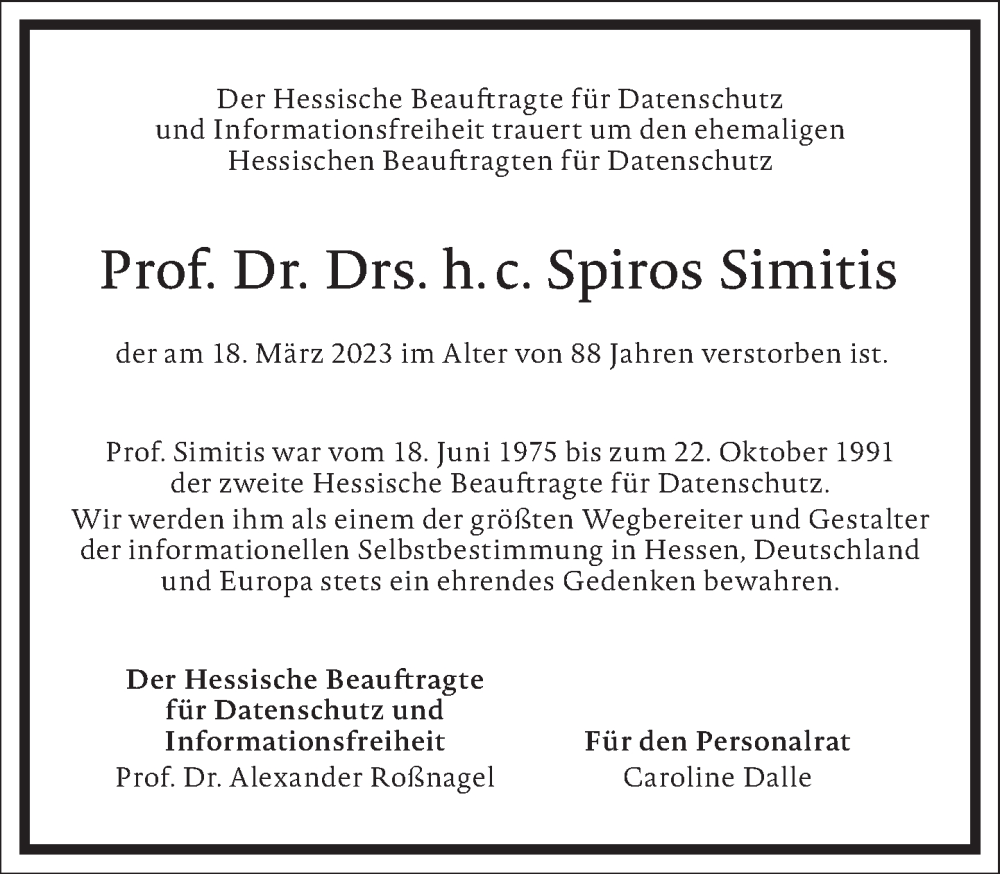  Traueranzeige für Spiros Simitis vom 25.03.2023 aus Frankfurter Allgemeine Zeitung