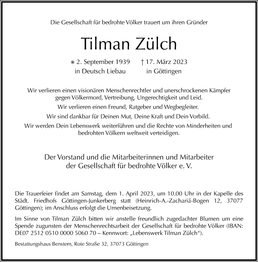  Traueranzeige für Tilman Zülch vom 25.03.2023 aus Frankfurter Allgemeine Zeitung