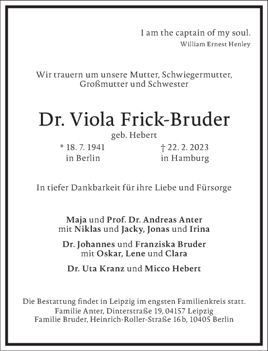 Traueranzeige von Viola Frick-Bruder von Frankfurter Allgemeine Zeitung