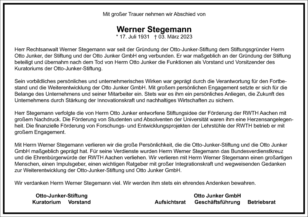  Traueranzeige für Werner Stegemann vom 11.03.2023 aus Frankfurter Allgemeine Zeitung