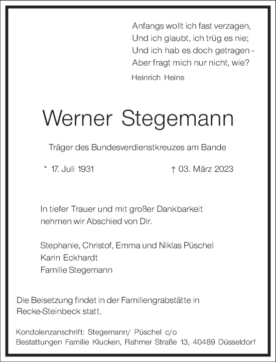 Traueranzeige von Werner Stegemann von Frankfurter Allgemeine Zeitung