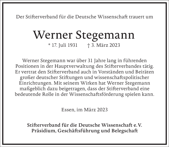 Traueranzeige von Werner Stegemann von Frankfurter Allgemeine Zeitung