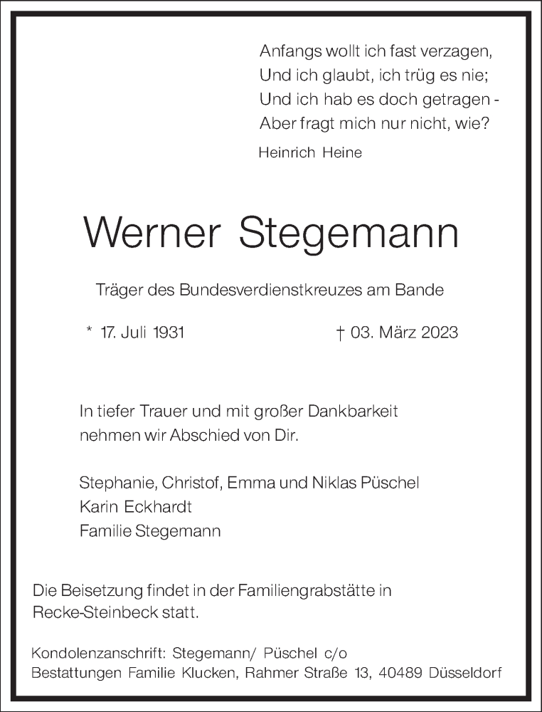  Traueranzeige für Werner Stegemann vom 11.03.2023 aus Frankfurter Allgemeine Zeitung