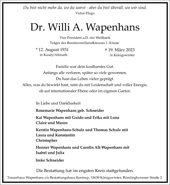 Traueranzeige von Willi A. Wapenhans von Frankfurter Allgemeine Zeitung