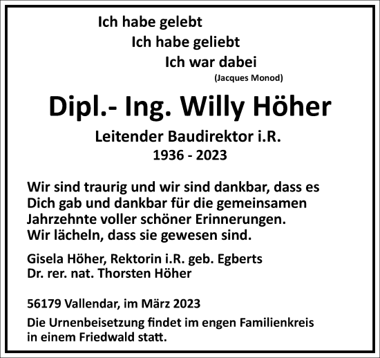 Traueranzeige von Willy Höher von Frankfurter Allgemeine Zeitung