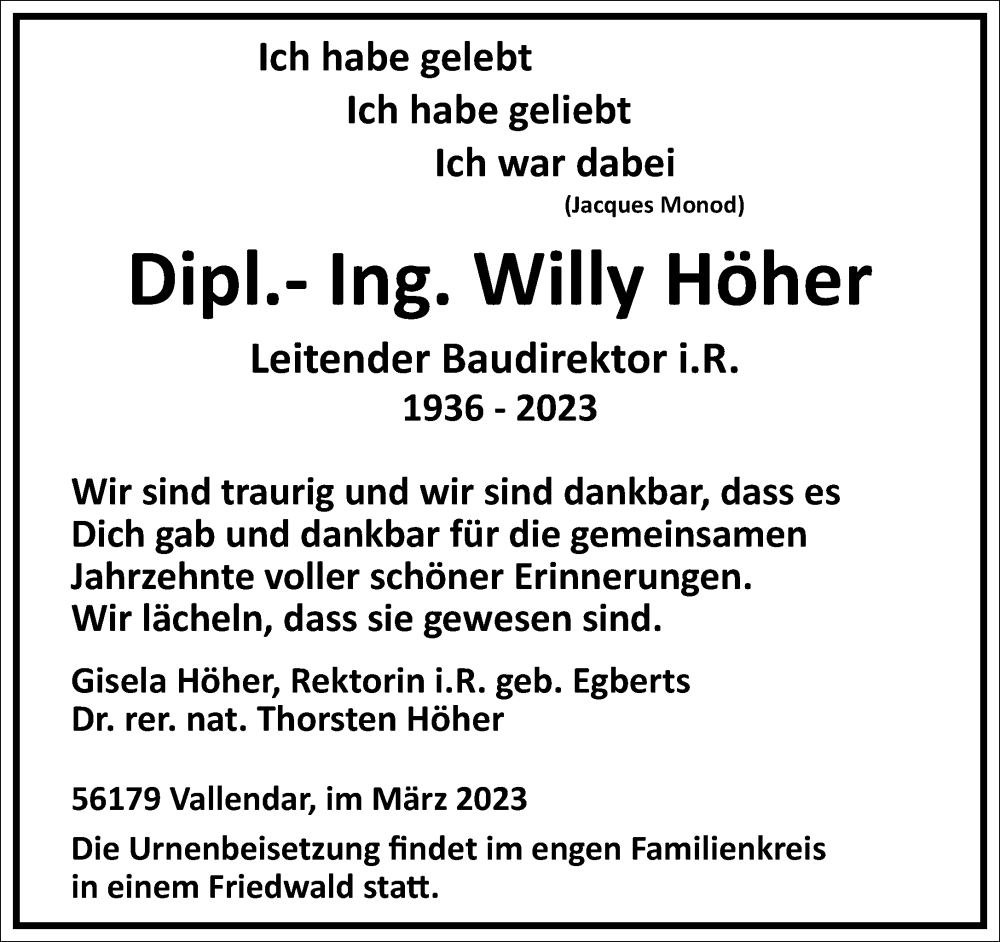  Traueranzeige für Willy Höher vom 25.03.2023 aus Frankfurter Allgemeine Zeitung