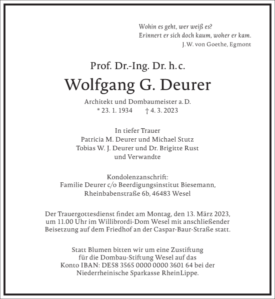 Traueranzeige von Wolfgang Deurer von Frankfurter Allgemeine Zeitung