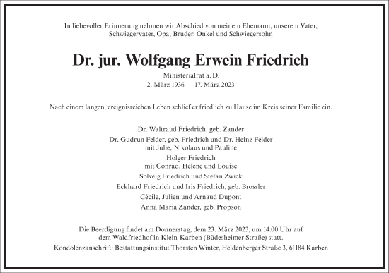 Traueranzeige von Wolfgang Erwein Friedrich von Frankfurter Allgemeine Zeitung