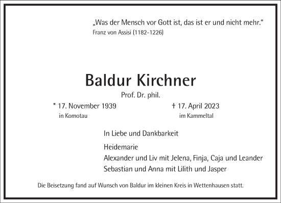 Traueranzeige von Baldur Kirchner von Frankfurter Allgemeine Zeitung