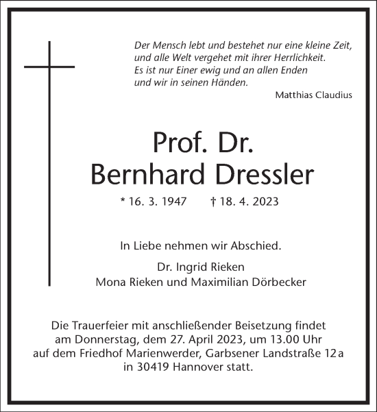 Traueranzeige von Bernhard Dressler von Frankfurter Allgemeine Zeitung