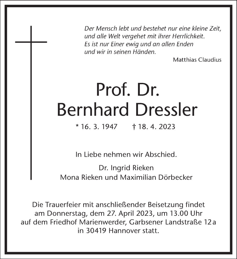  Traueranzeige für Bernhard Dressler vom 22.04.2023 aus Frankfurter Allgemeine Zeitung