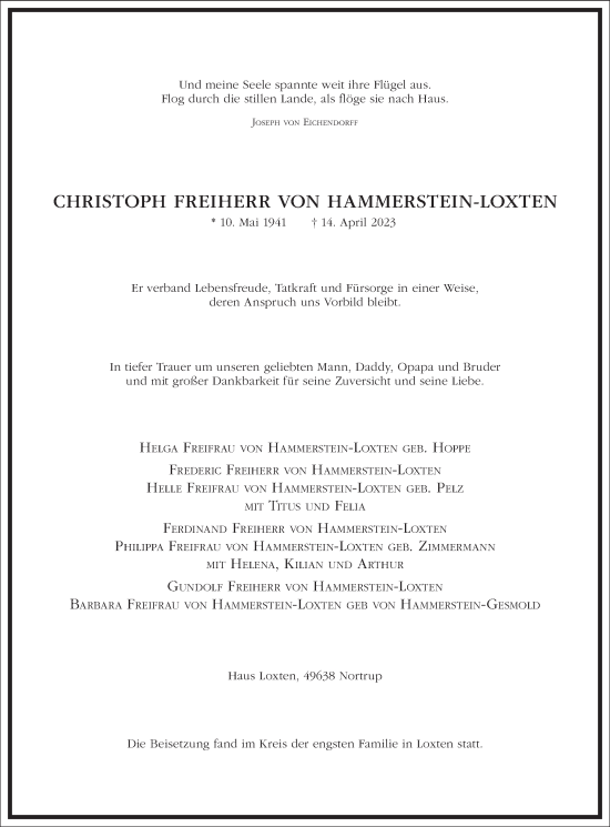 Traueranzeige von Christoph Freiherr v. Hammerstein-Loxten von Frankfurter Allgemeine Zeitung
