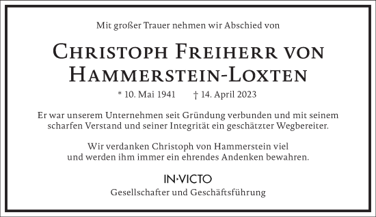 Traueranzeige von Christoph Freiherr v. Hammerstein-Loxten von Frankfurter Allgemeine Zeitung