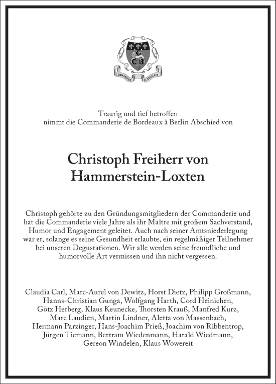 Traueranzeige von Christoph Freiherr von Hammerstein-Loxten von Frankfurter Allgemeine Zeitung