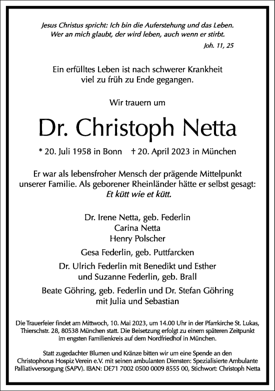 Traueranzeige von Christoph Netta von Frankfurter Allgemeine Zeitung